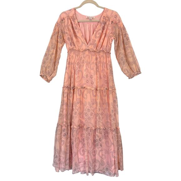 Banjanan Peach Paisley Boho Maxi Dress Sheer Tiered Lined Viscose S Cottagecore - Picture 14 of 14